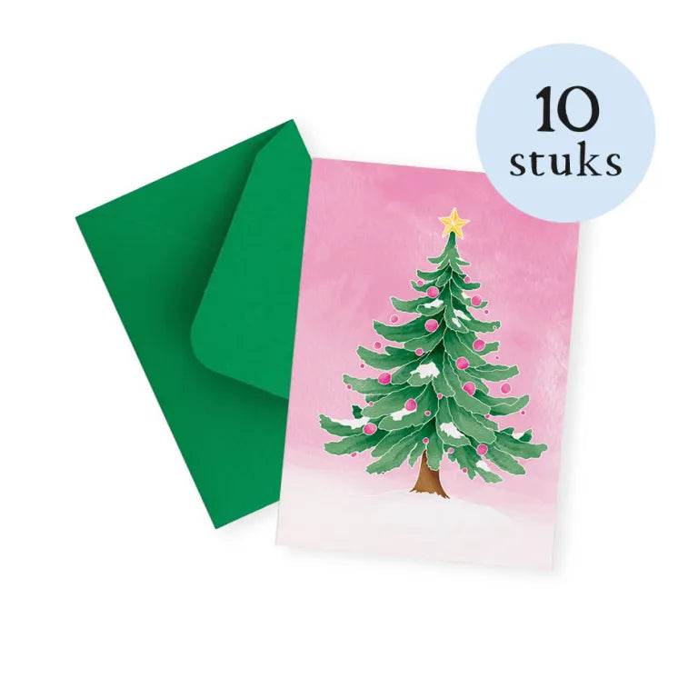 Kerstboom roze | set van 10 minikaartjes | Studio Zwoane